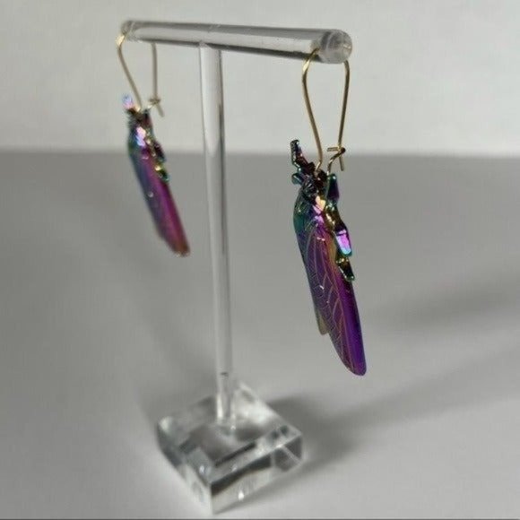 Cicada rainbow metal drop earrings iridescent bohemian - Picture 2 of 4